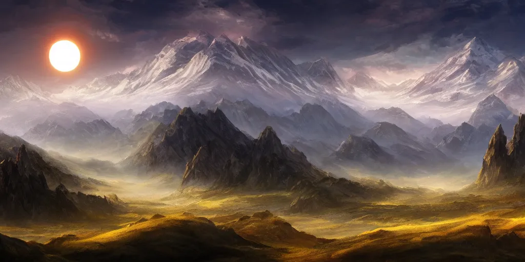 Image similar to large mountains in the distance, solar eclipse, landscape wallpaper, d&d art, fantasy, painted, 4k, high detail, sharp focus, artstation