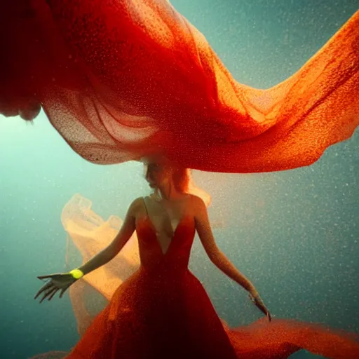 Image similar to woman dancing underwater wearing a long flowing dress made of yellow and red wire, coral sea bottom, swirling schools of silver fish, swirling smoke shapes, octane render, caustics lighting from above, cinematic, hyperdetailed