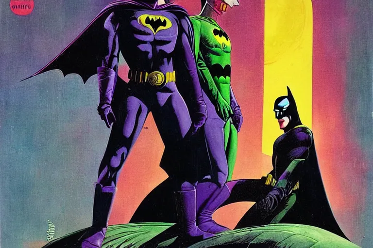 Prompt: 1979 OMNI Magazine Cover of two people, Batman and The Joker. in cyberpunk style by Vincent Di Fate