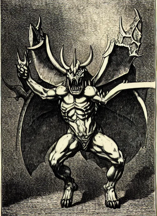 Image similar to illustration of greymon as a demon from the dictionarre infernal, etching by louis le breton, 1 8 6 9, 1 2 0 0 dpi scan, ultrasharp detail, clean scan