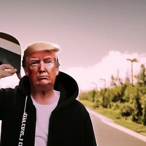 cinematic shot of donald trump holding a skateboard, Stable Diffusion
