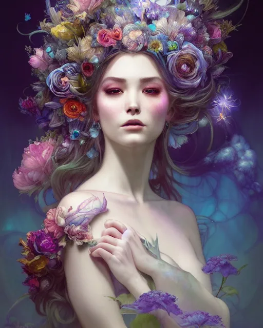 Prompt: Full View ultrarealistic Portrait ethereal fantasy deity wearing beautiful gown, flowers, spirituality, 4k digital masterpiece by Anna Dittman and Alberto Seveso Ruan Jia, rossdraws, artgerm and greg rutkowski and alphonse mucha and loish and WLOP, fantasycore, Hyperdetailed, realistic digital painting, soft lighting, featured on Artstation