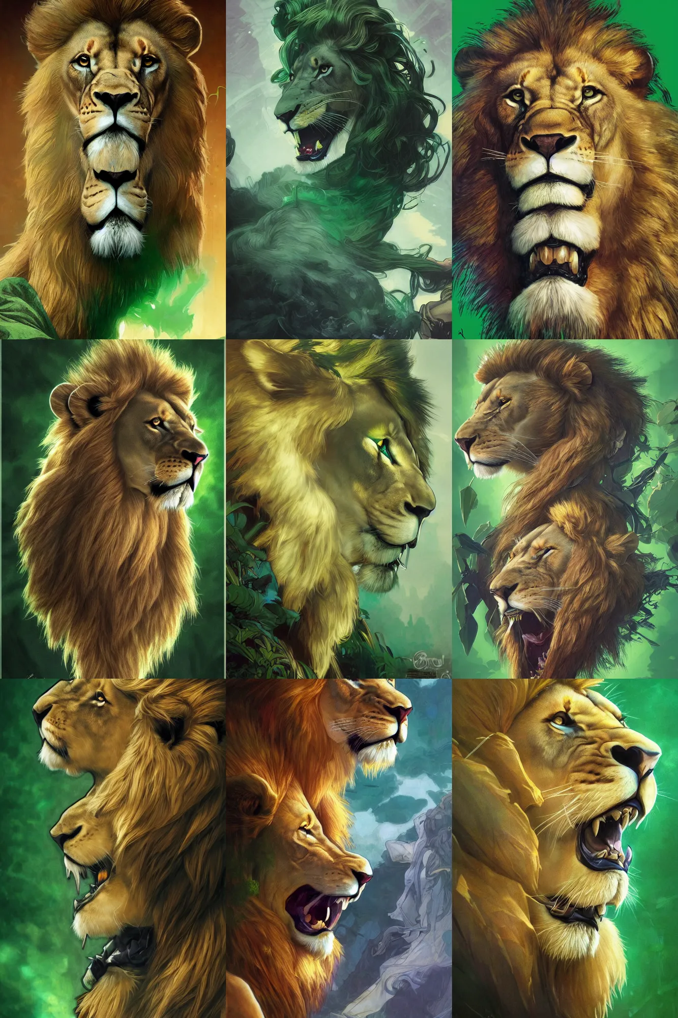 Prompt: ultra realistic illustration, long shot fantasy lion's bust against a green back for chroma key by artgerm and greg rutkowski and alphonse mucha, medium shot, long shot, constant green background, trending on artstation