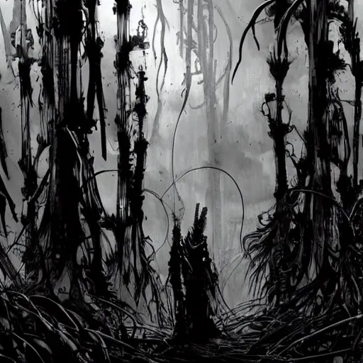 Image similar to sci - fi, monster hunters walking in a meat and bone forest, art by tsutomu nihei