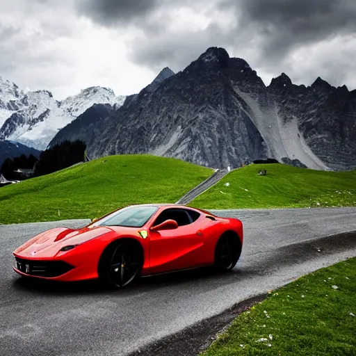 Image similar to a ferrari on a cloudy day in the swiss alps