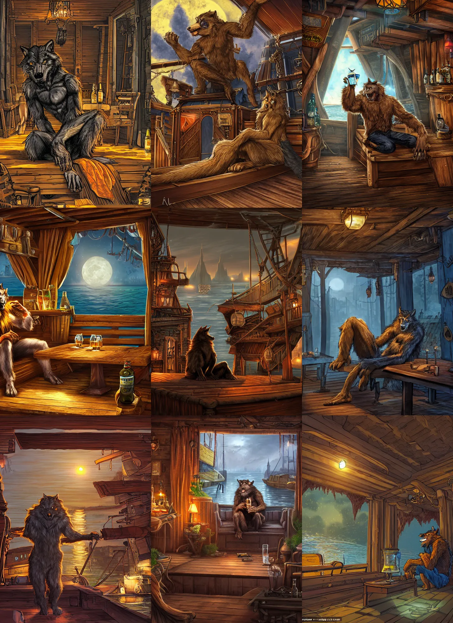 Prompt: A werewolf sits at a barge and drinks beer, the interior of a fantasy-style inn, 8k resolution, in style of Steve Argyle and John Avon, digital artwork