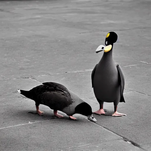 Prompt: a mexican pigeon being complacent with a french platypus spy, in the middle of pissa square, animation, sepia photography