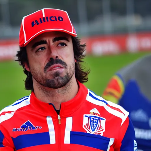 Prompt: fernando alonso wearing atletico de madrid soccer shirt