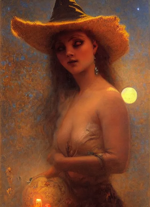 Image similar to surrealism, abstract, witch, portrait, close - up, make up, full big moon, painting by gaston bussiere, soft light