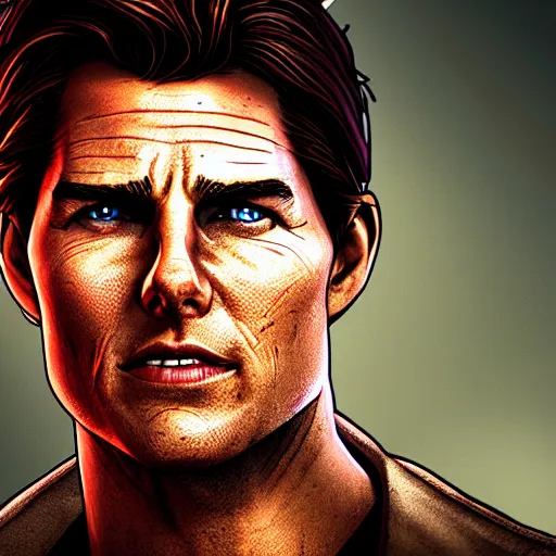 Image similar to tom cruise portrait, borderlands, tales from the borderlands, the wolf among us, comic, cinematic lighting, studio quality, 8 k