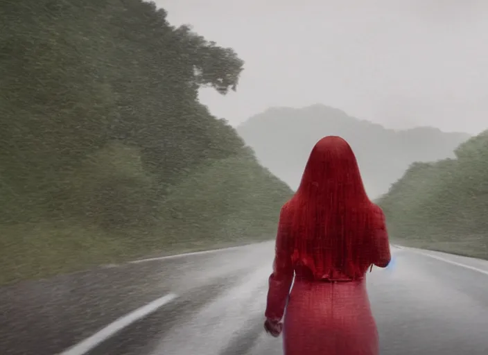 Image similar to A very high resolution image from a new movie, landscape from a car window , teen red hair woman, raining, hot, directed by wes anderson