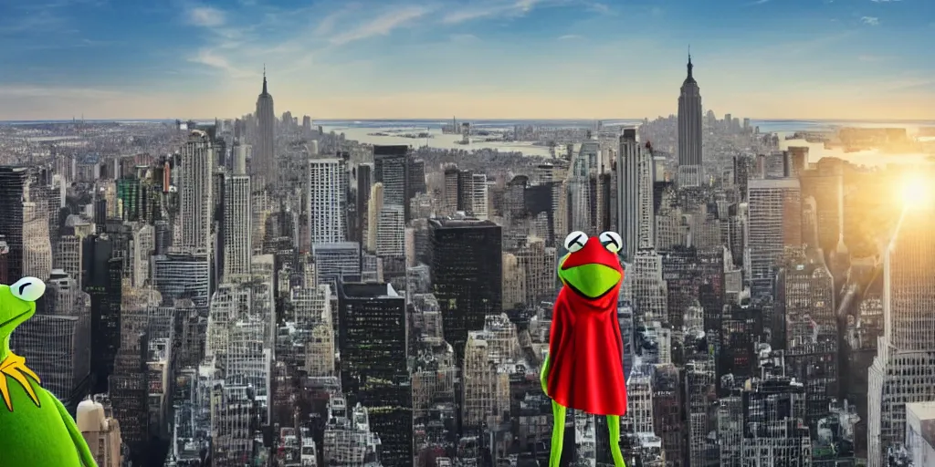 Prompt: Kermit the frog with a superhero cape on top of a skyscraper looking over the new York city, golden hour, Time magazine