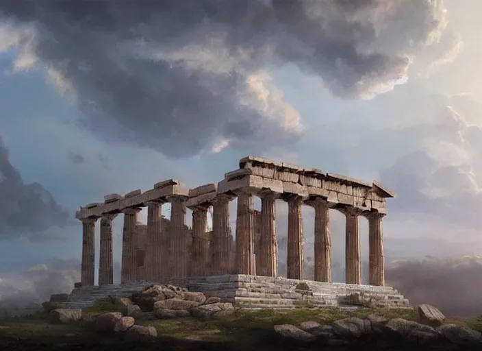 Prompt: 'Ancient Greek Temple in the Clouds', anime, a fantasy digital painting by Greg Rutkowski and James Gurney, trending on Artstation, highly detailed