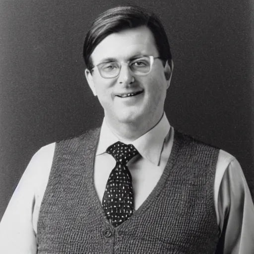 Prompt: clean - shaven portly white man with neatly styled black hair in his 4 0 s is wearing a dress shirt sweater - vest trouser dress shoes. faded photo from 1 9 8 6