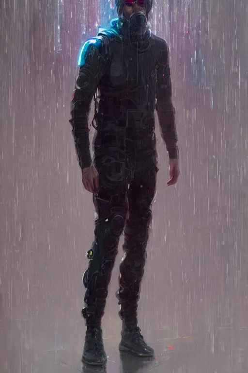 Prompt: a full body portrait oil painting illustration of rahul kohli by justin sweet and greg rutkowski and alphonse mucha with face and body clearly visible, techwear, futuristic, cyberpunk, raining! artstation trending, high quality, colourful! artstation trending, abstract colours, no crop, entire character!,