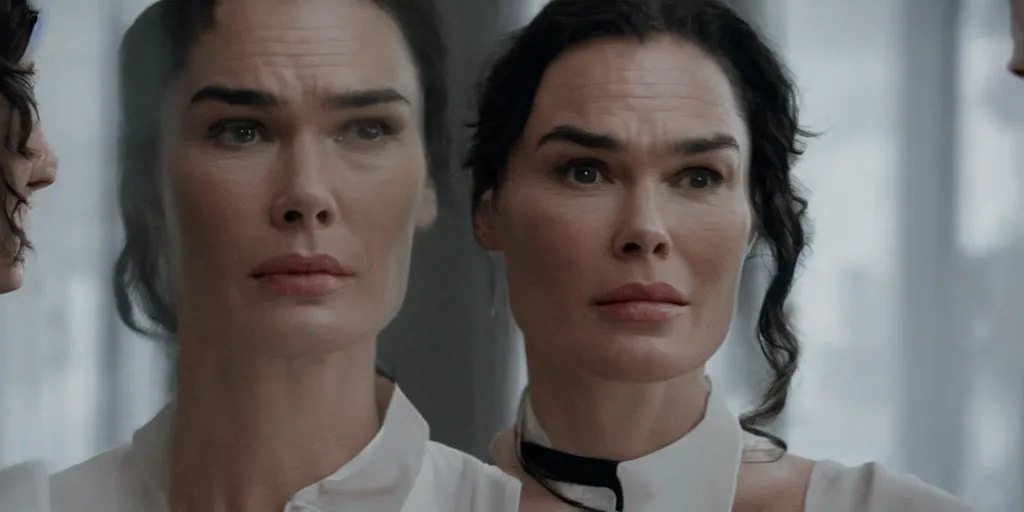 Image similar to ultra wide angle photo of lena headey dressed in a white blouse and black dress pants as diana prince looking at herself in a bathroom mirror and seeing her reflection as wonder woman