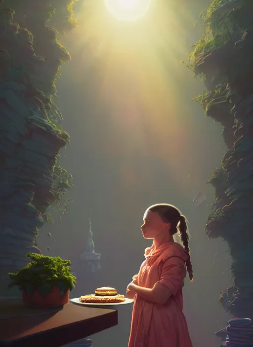 Image similar to highly detailed portrait of greta thunberg eating cakes, stephen bliss, unreal engine, greg rutkowski, loish, rhads, beeple, makoto shinkai and lois van baarle, ilya kuvshinov, rossdraws, tom bagshaw, tom whalen, alphonse mucha, global illumination, god rays, detailed and intricate environment