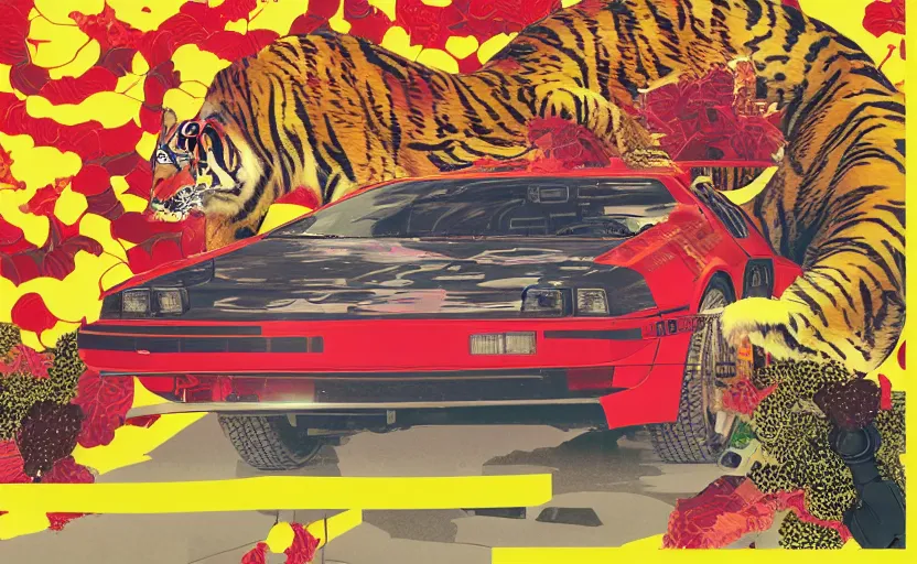 Prompt: a red delorean and yellow tiger, art by hsiao - ron cheng and utagawa kunisada, magazine collage, # de 9 5 f 0