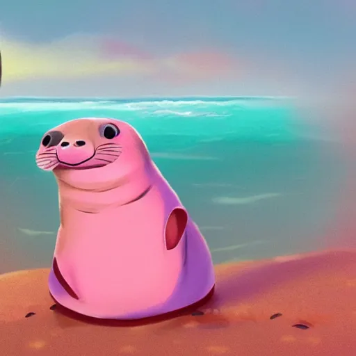 Image similar to a concept art of a sappy seal, happy, dressed in a pink dress, golden hour, beautiful, artstation trending, matte painting, 8 k