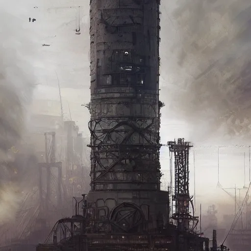 Image similar to highly detailed concept art of monumental chimney of the huge steelworks in the steampunk city center trending on Artstation by Daniel Dociu and Greg Rutkowski, high quality, dieselpunk, architecture, frostpunk, pollution and smoke, rusty
