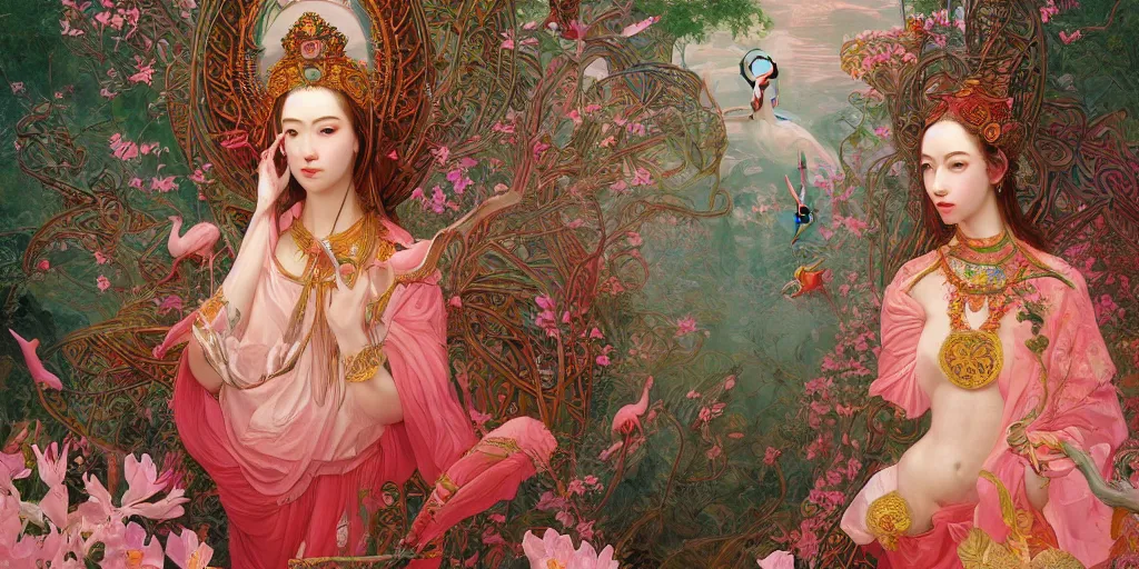 Image similar to breathtaking detailed concept art painting of the goddess of flamingo, orthodox saint, with anxious, piercing eyes, ornate background, amalgamation of leaves and flowers, by Hsiao-Ron Cheng and John James Audubon, extremely moody lighting, 8K