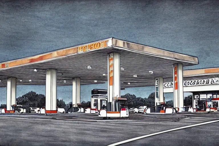 Image similar to a pencil and watercolor art of a beautiful luxurious gas station, retro and 1 9 8 0 s style, beautiful architecture, retro coloring, retro and 1 9 8 0 s style, retro and 1 9 8 0 s filter, black and white, no color