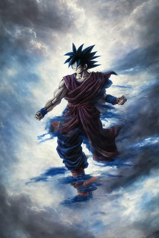 Prompt: breathtaking detailed painting of goku in the syle of ayami kojima, ruan jia and brom, in a soft nebulae sky with silver stained glass, 8 k, concept art, matte, sharp focus, rembrandt style