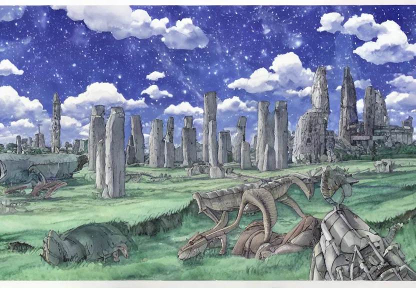 Image similar to a hyperrealist watercolor concept art from a studio ghibli film showing a giant grey mechanized crocodile from howl's moving castle ( 2 0 0 4 ). stonehenge is under construction in the background, in the rainforest on a misty and starry night. by studio ghibli. very dull muted colors