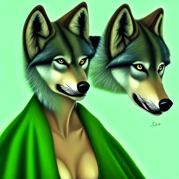 Image similar to a digital painting of an anthropomorphic female wolf fursona wearing a green dress, symmetry, focus, furry, soft lighting, oil on canvas, hyper detailed