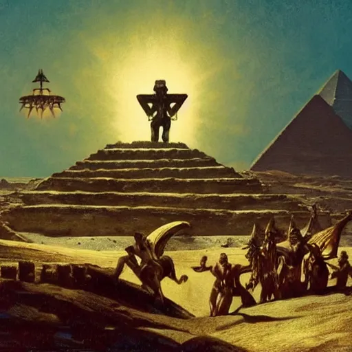 Prompt: joe rogan, king of the pharaohs, fends off aliens atop the pyramid of giza as a war of the world style invasion is happening. masterpiece illustration by albert bierstadt and billy butcher. h 6 4 0
