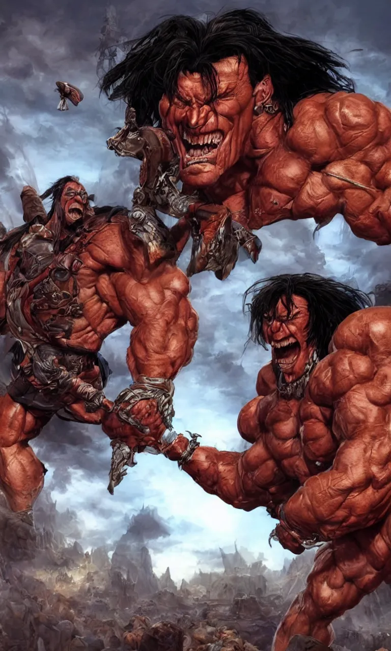 Image similar to hyper realistic digital painting of arnold swartzeneger as hyper muscular conan the digital slayer by simon bisley, dale keown and greg rutkowski, vivid color scheme, unreal engine 5