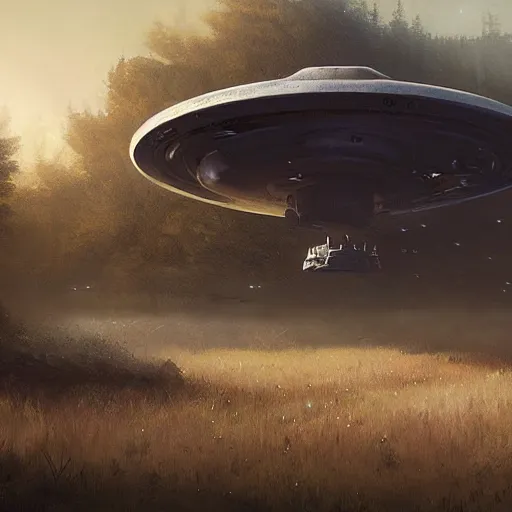 Image similar to crashed ufo in to the ground, concept art, art station landscape, greg rutkowski, cinematic lighting hyper realistic painting, dark atmosphere