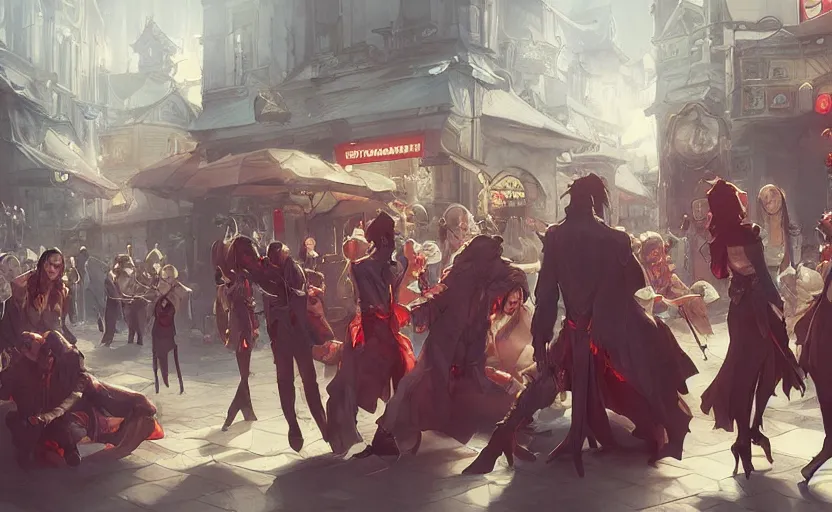 Image similar to group of vampires chilling at mcdonalds, fine details by stanley artgerm lau, wlop, rossdraws, james jean, andrei riabovitchev, marc simonetti, and sakimichan, trending on artstation