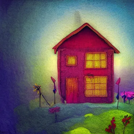 Image similar to small wooden house in the middle of spring forest, bright colours, watercolor, volumetric wool felting, macro photography, children illustration, by dan mcpharlin