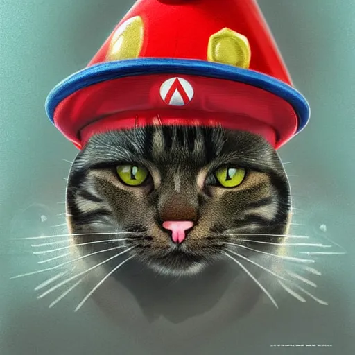 Image similar to Portrait of a Cat dressed as Super Mario, Mario hat, kawaii aesthetic, nintendo, highly detailed, digital painting, artstation, concept art, smooth, sharp focus, illustration, art by artgerm and greg rutkowski and alphonse mucha