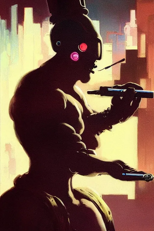 Prompt: An android smoking a cigar in a cyberpunk setting, by Frank Frazetta, dramatic lighting, 1980s colours, as trending on Artstation, highly detailed,