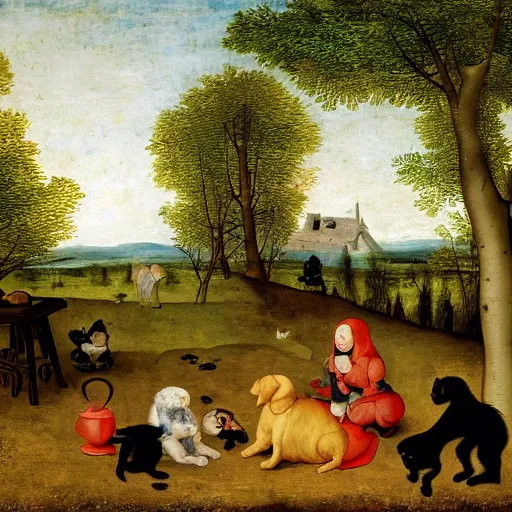 Image similar to bruegel style painting of golden retriever and a black kitty having a tea party in the forest