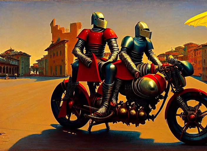 Prompt: attractive knight and his attractive male knight, they are in love sitting on a motorcycle, rome, highly detailed, soft lighting, elegant, works by gaston bussier, edward hopper and james gillard, zdislaw beksinski, stephen outram, andreas m wiese, highly detailed