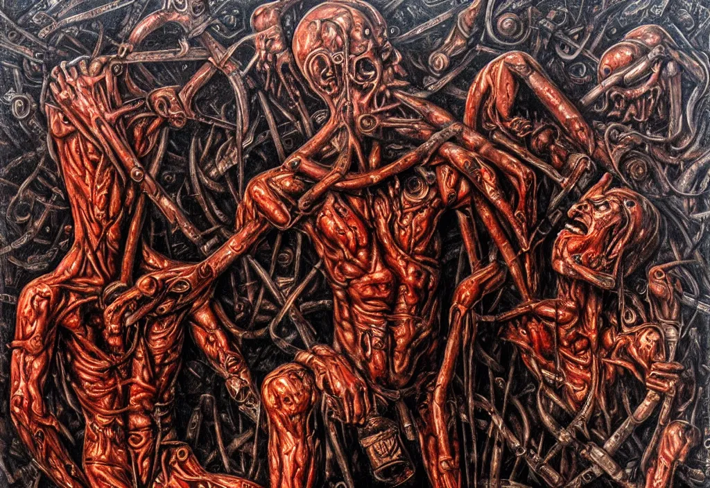 Prompt: blood enriched by iron, penetrated and scorched, one must withhold he celebrated his doom, highly conceptual figurative art, intricate detailed oil illustration, controversial postmodern poster art