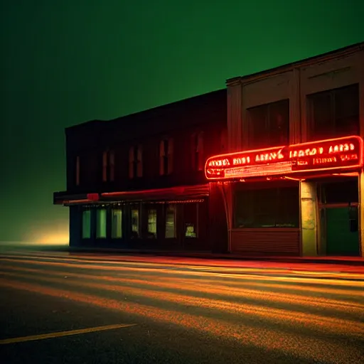 Image similar to A stunningly beautiful award-winning down angle 8K high angle cinematic movie photograph of a dark foggy main intersection in an abandoned 1950s small town at night, by Edward Hopper and David Fincher and Darius Khonji, cinematic lighting, perfect composition, moody low key volumetric light. Color palette from Seven, greens yellows and reds. 2 point perspective, high angle from 15 feet off the ground. Octane render, cgsociety