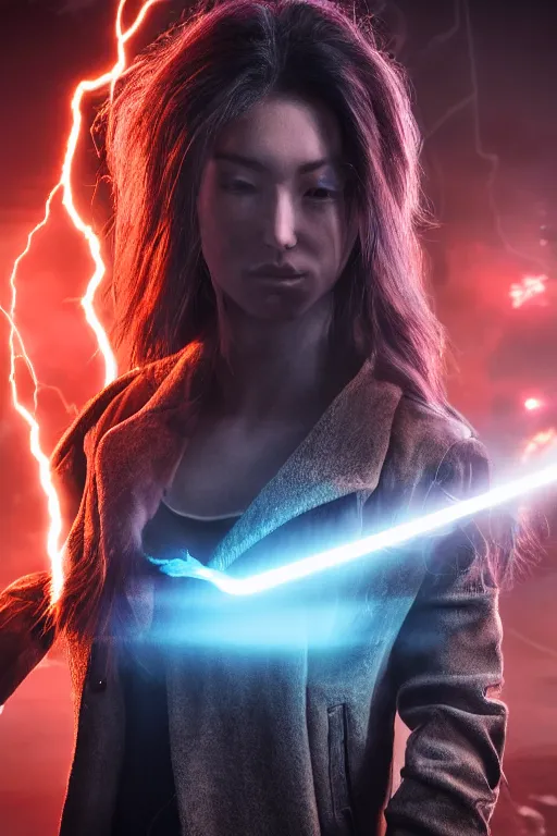 Image similar to woman with lightning in his hands flying several meters above the ground with his arms crossed and with a long jacket, cyberpunk, realistic, high definition, many details, symmetrical face, realistic eyes, unreal engine art 5