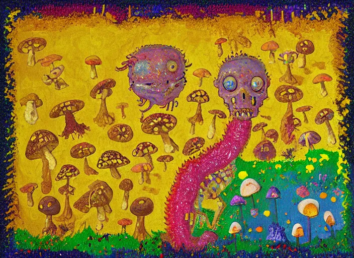 Image similar to pixel decollage painting golden armor alien zombie horseman riding on a crystal bone dragon broken rainbow diamond maggot horse in a blossoming meadow full of colorful mushrooms and golden foil toad blobs in a golden sunset, distant forest horizon, painted by Mark Rothko, Helen Frankenthaler, Danny Fox and Hilma af Klint, pixelated, neo expressionism, semi naive, rich deep colors, cinematic, color field painting, cave painting, voxel, pop art look, outsider art, minimalistic. Bill Traylor painting, part by Philip Guston and Francis Bacon. art by Adrian Ghenie, 8k, extreme detail, intricate detail, masterpiece