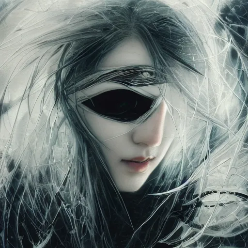 Image similar to yoshitaka amano blurred and dreamy illustration of an anime girl with pirate eye patch, wavy white hair and cracks on her face wearing elden ring armour with the cape fluttering in the wind, abstract black and white patterns on the background, noisy film grain effect, highly detailed, renaissance oil painting, weird portrait angle