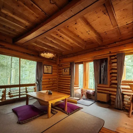 Image similar to photo of the interior of a cozy cabin with french and english and japanese influence and forest theme