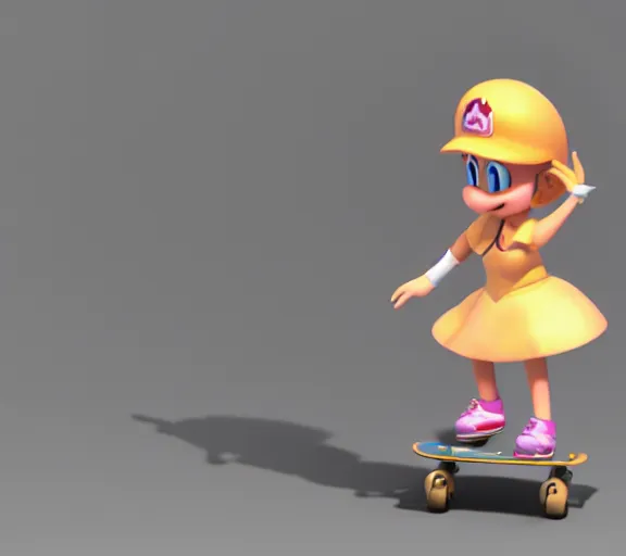 Prompt: 3D render of Princess Peach skateboarding. She has a helmet on.