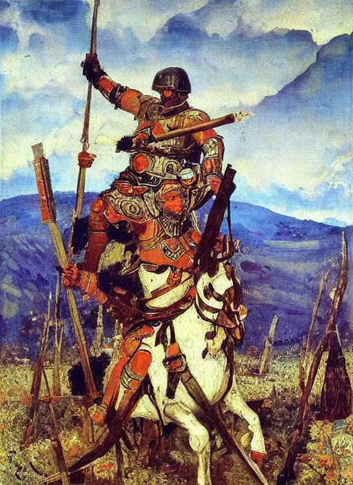 Image similar to warrior inspired a painting Heroes (Bogatyri) Viktor Vasnetsov