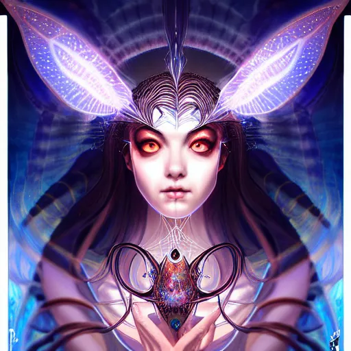 Image similar to a symmetrical portrait of a mystical feminine creature with glowing energies and particals, metal scales, surrounded by spirits, gloomy cinematic lighting, highly detailed, illustrated novel, by artgerm and miura