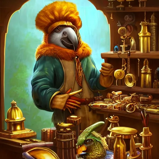 Image similar to Anthropomorphized parrot trader in his shop, selling his wares, portrait, items, gold, magic potions, carpet, window, sly expression , cunning expression, cute expression, long thick shiny gold beak, presenting wares, holding a gold bag, D&D, fantasy, cinematic lighting, highly detailed, digital painting, artstation, concept art, smooth, sharp focus, illustration, warm light, cozy warm tint, magic the gathering artwork, volumetric lighting, 8k, art by Akihiko Yoshida, Greg Rutkowski