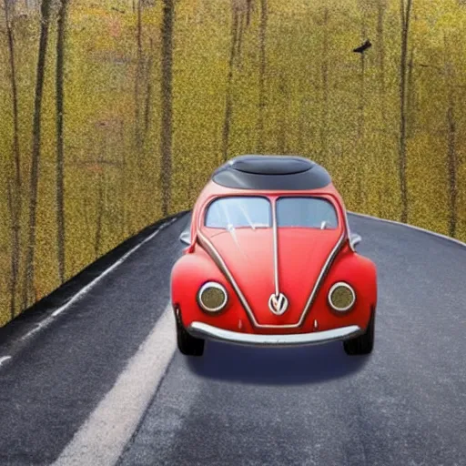 Image similar to promotional scifi - mystery movie scene of a giant - sized ladybug that is a hybrid with a ( volkswagen beatle ) hybrid, flying down a dusty back - road in smokey mountains tennessee. cinematic, muted dramtic color, 4 k, imax, 7 0 mm, hdr