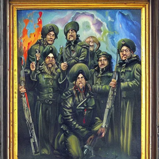 Image similar to Wagner Russian Military Force Exorcism Group, painting, art, horror